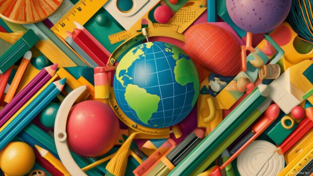 Back to school wallpaper colorful, a dynamic collage of school icons like globes, rulers, and art supplies bursting with color.