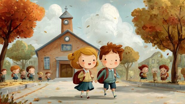 Back to school wallpaper cute, an adorable cartoon scene with children happily walking to school hand in hand.