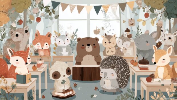 Back to school wallpaper cute, charming woodland creatures exploring a classroom filled with colorful decorations.