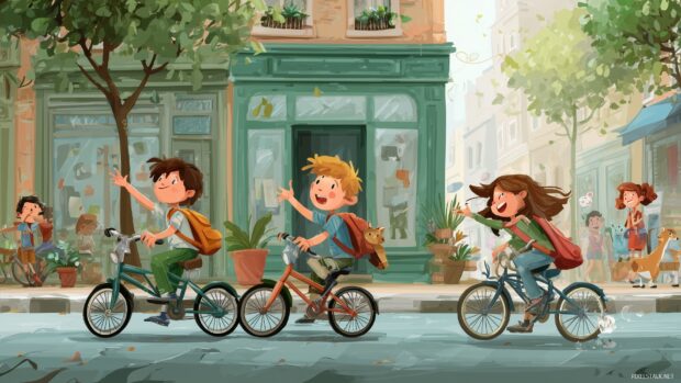 Back to school wallpaper for PC, a lively street scene of kids riding bikes with backpacks and waving to each other.
