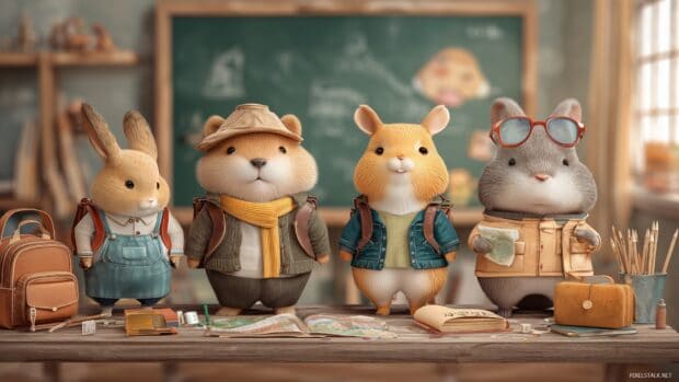 Back to school wallpaper for PC, cute animal characters getting ready for school with various learning materials.