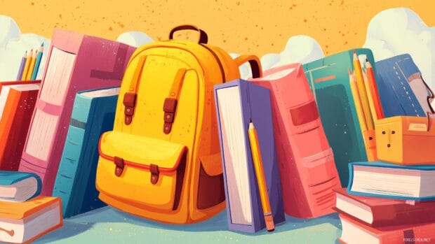 Back to school wallpapers for desktop, a playful arrangement of books, pencils, and backpacks set against a sunny background.