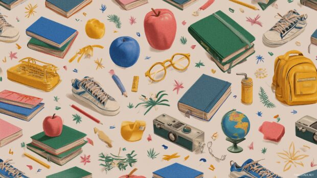 Back to school wallpapers for desktop, a retro inspired design featuring nostalgic school items against a vibrant background.