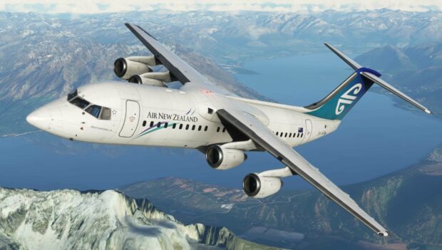 A Bae Avro plane is flying above mountains and a lake with clear skies, 2K Desktop Wallpaper