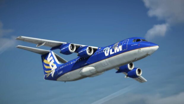 A Bae Avro aircraft with VLM livery flies against a blue sky, HD Desktop Wallpaper