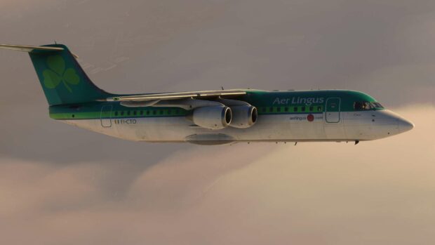 A Bae Avro airplane with Aer Lingus livery flying in the sky during sunset, 2K Desktop Wallpaper