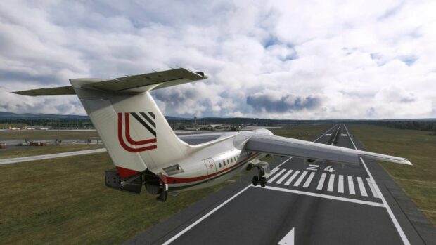 A Bae Avro airplane is preparing to land on a runway with cloudy skies, 2K Desktop Wallpaper