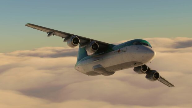 A Bae Avro aircraft is flying high above soft clouds during sunset, 2K Desktop Wallpaper