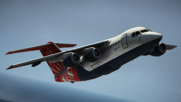 A Bae Avro jet aircraft with red and blue livery flying in clear skies, HD Desktop Wallpaper