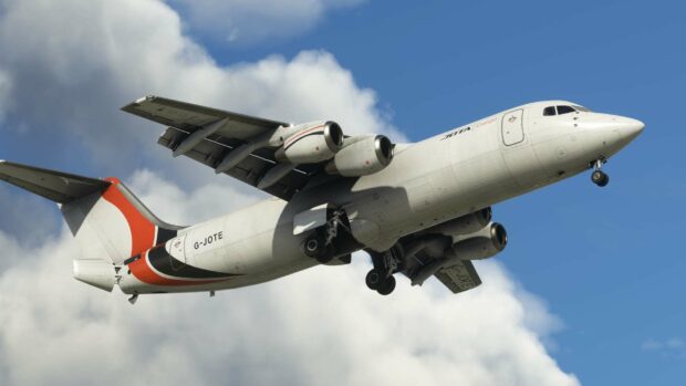 A Bae Avro airplane is flying with its landing gear partially open against a blue sky with clouds, HD Desktop Wallpaper