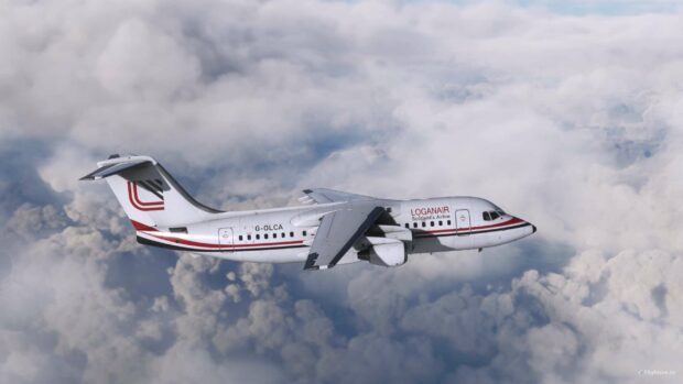 A Bae Avro aircraft is flying through a cloudy sky during daytime, 2K Desktop Wallpaper