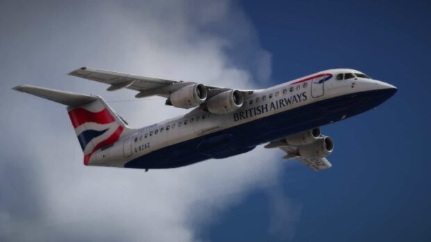 A Bae Avro plane is captured flying with British Airways livery against a cloudy blue sky, HD Desktop Wallpaper