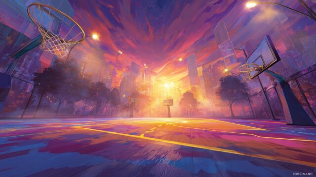 Basketball Background, A Vibrant Basketball Court With Dynamic Action Moments And A Glowing Sunset
