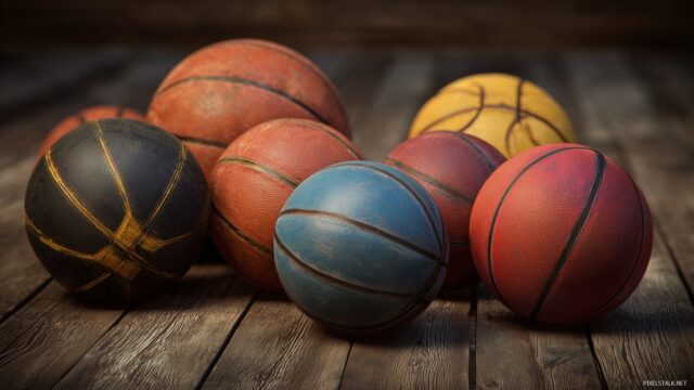 Basketball Background Desktop HD, A Collection Of Basketballs In Different Designs And Colors On A Wooden Floor