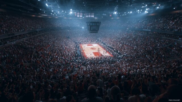 Basketball Background HD, A Dramatic Aerial View Of A Basketball Arena Filled With Cheering Fans During A Crucial Game Moment