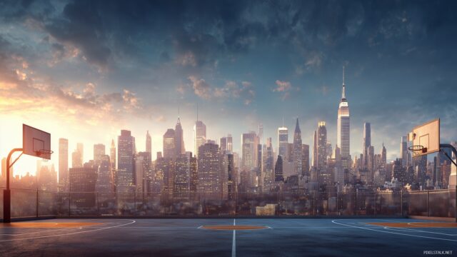 Basketball Background HD Desktop, A Panoramic View Of A City Skyline With A Basketball Game Happening In The Foreground