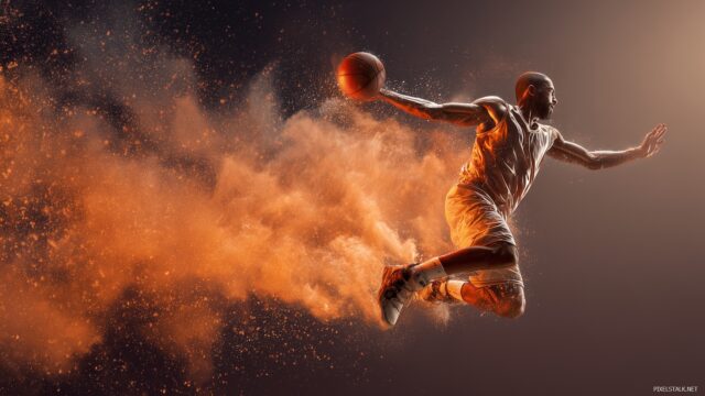 Basketball Background High Resolution, A Powerful Slam Dunk Captured In Mid Air With An Explosion Of Motion