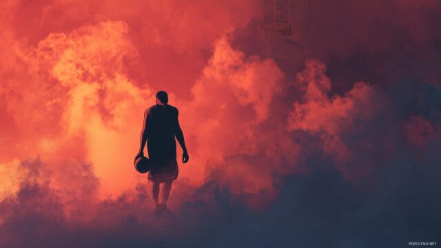 Basketball Background Ultra HD, An Artistic Rendition Of A Basketball Player In Silhouette Against A Fiery Sunset