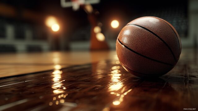 Basketball Background For Desktop, A Highly Detailed Basketball Dribbling On A Hardwood Court With Reflections And Shadows