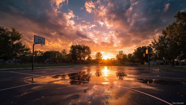 Basketball Desktop HD Wallpaper, A Vibrant Outdoor Basketball Court At Sunset Reflecting A Golden Sky