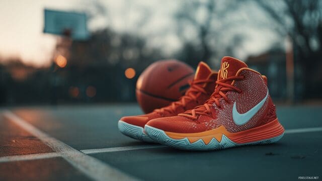 Basketball Desktop Wallpaper HD, A Striking View Of Basketball Shoes Next To A Basketball On A Court