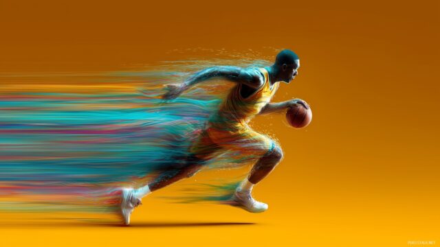 Basketball Desktop Wallpaper High Resolution, A Dynamic Representation Of A Basketball Game In Action With Motion Trails