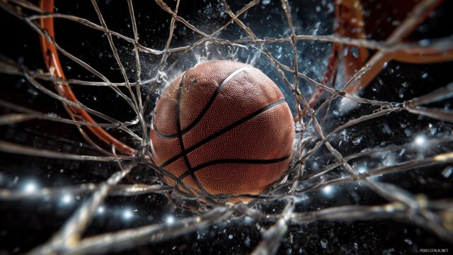 Basketball Desktop Wallpaper Ultra HD, A Detailed View Of A Basketball Breaking Through The Net With A Dramatic Effect