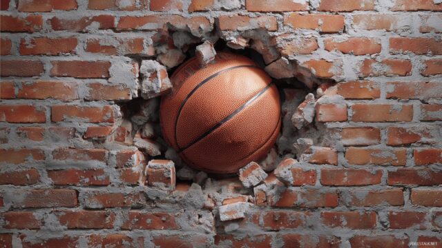 Basketball Wallpaper, An Artistic Representation Of A Basketball Breaking Through A Brick Wall