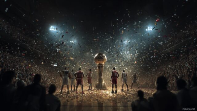 Basketball Wallpaper HD For PC, An Epic Basketball Championship Scene With Players Competing For The Trophy