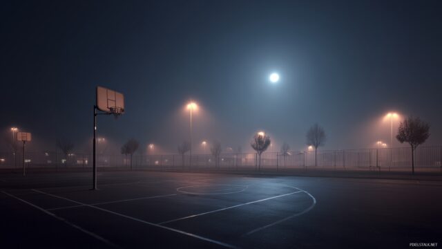 Basketball Wallpaper High Quality, A Serene Night View Of A Deserted Basketball Court Illuminated By Moonlight