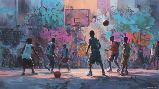 Basketball High Quality Wallpaper, An Energetic Scene Of Kids Playing Street Basketball With Graffiti Art In The Background