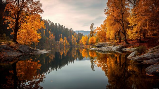 Beautiful Background HD, A Calm Lake Reflecting Autumn Foliage With Golden And Orange Hues