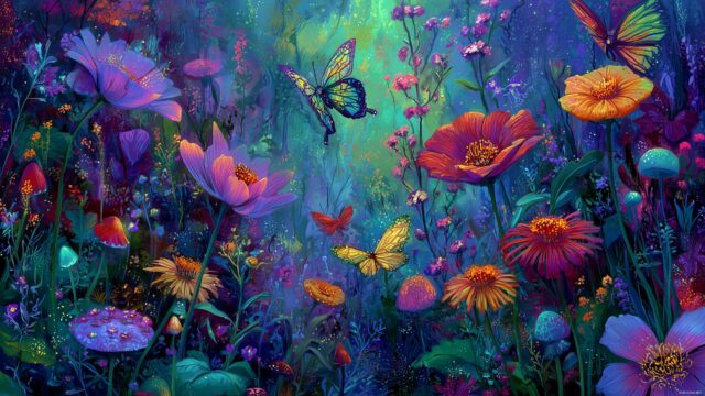Beautiful Background HD For Desktop Computer, A Whimsical Garden With Colorful Butterflies And Blooming Flowers
