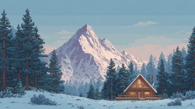 Beautiful Background For Desktop, A Cozy Mountain Cabin Surrounded By Snow Capped Peaks And Pine Forests