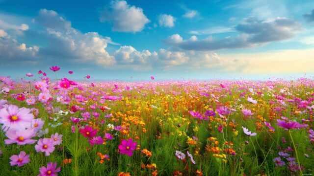 Beautiful Desktop Background Free Download, A Colorful Flower Field In Full Bloom Under A Bright Sunny Sky
