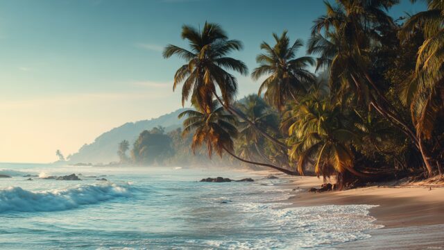 Beautiful HD Background For Mac, A Tranquil Beach Scene With Gentle Waves And Palm Trees Swaying In The Breeze