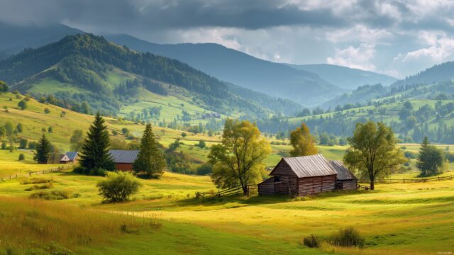 Beautiful HD Background For PC, A Picturesque Countryside With Sunny Meadows And Rustic Barns
