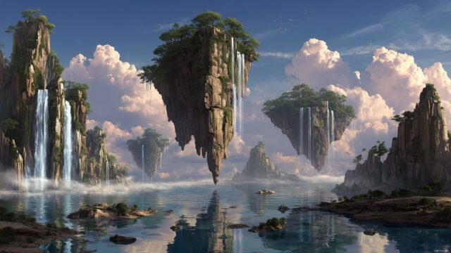 Beautiful High Resolution Desktop Background, A Surreal Landscape With Floating Islands And Waterfalls Cascading Into The Sky