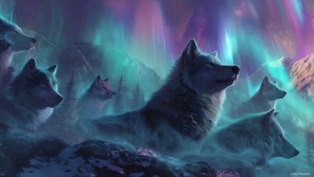Beautiful wolf backgrounds, a dreamlike scene of wolves surrounded by colorful auroras in the night sky.