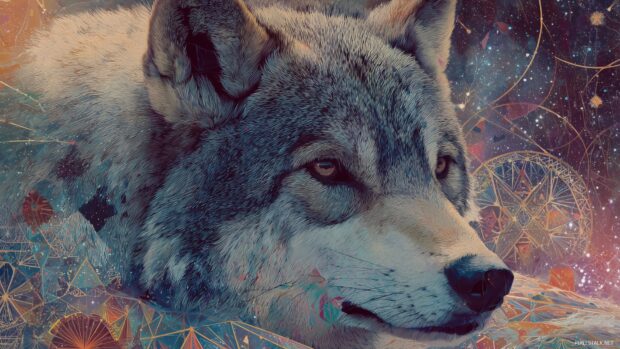 Beautiful wolf backgrounds, an artistic portrayal of a wolf with intricate geometric patterns in a cosmic setting.