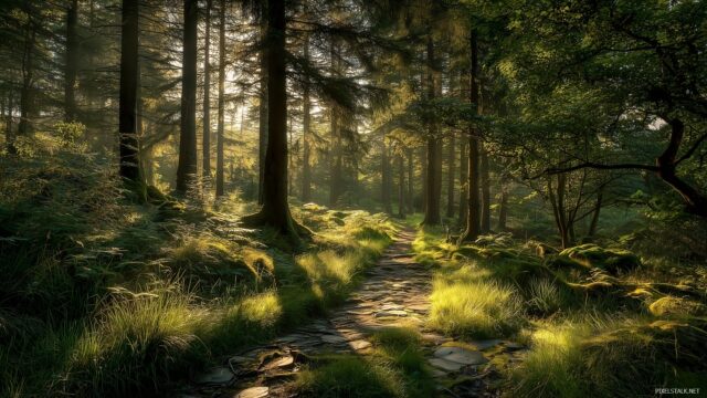 Best Background Desktop Wallpaper, A Lush Forest Path Illuminated By Soft Sunlight Filtering Through The Trees