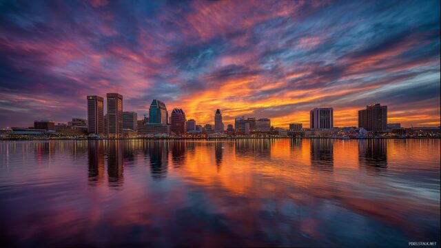 Best Background HD Desktop Wallpaper, A Vibrant City Skyline At Sunset With Colorful Reflections On The Water