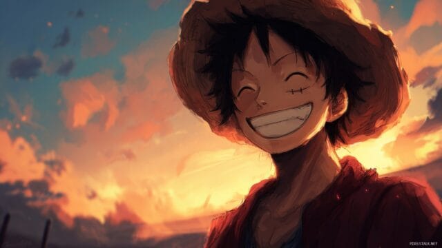 Best Luffy One Piece Wallpaper HD, An Adventurous Scene Of Luffy Smiling Brightly With His Straw Hat Against A Colorful Sunset