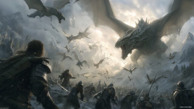 Best Skyrim Wallpaper, An Epic Battle Between Dragons And Warriors, Dynamic Action And Dramatic Lighting