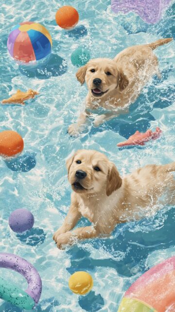 Best cute image background for phone, a playful backdrop of puppies splashing in a pool with colorful beach toys all around (2).