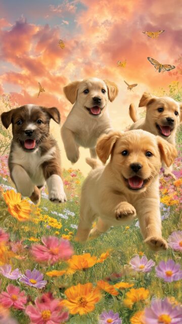 Best cute image background for phone, a vibrant scene of playful puppies in a sunny field, colorful flowers surrounding them (2).