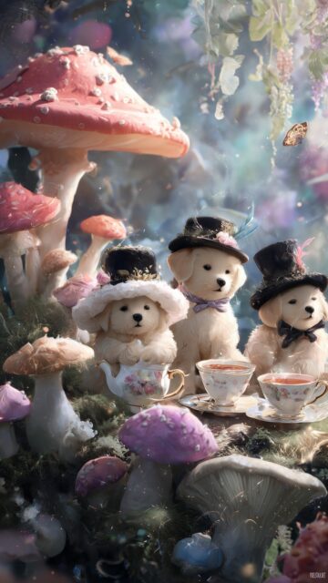 Best cute image background for phone, a whimsical depiction of puppies wearing funny hats, having a tea party in a magical forest (2).