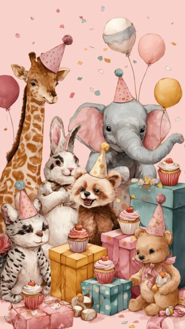 Best cute image for baby shower, a delightful backdrop showcasing baby animals wearing party hats and surrounded by gifts and cupcakes (2).