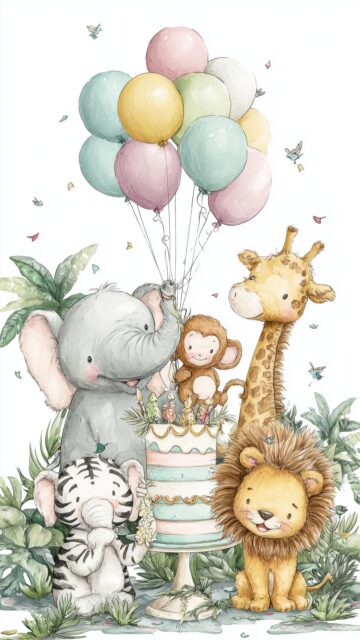 Best cute image for baby shower, a joyful scene of cute jungle animals celebrating with a cake and balloons in pastel colors (2).