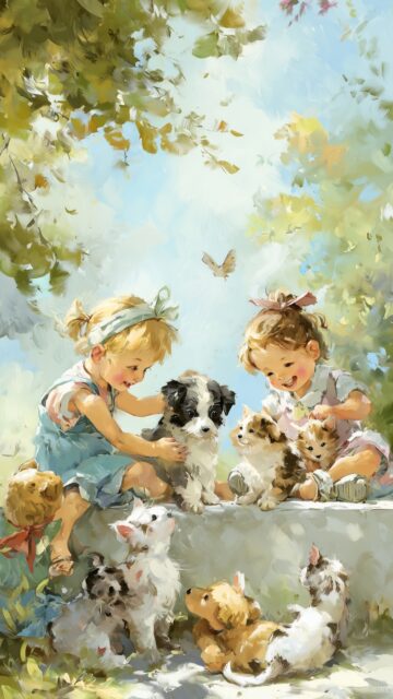 Best cute image for kids, a cheerful depiction of children playing with puppies and kittens in a sunny park, laughter and fun in the air (2).